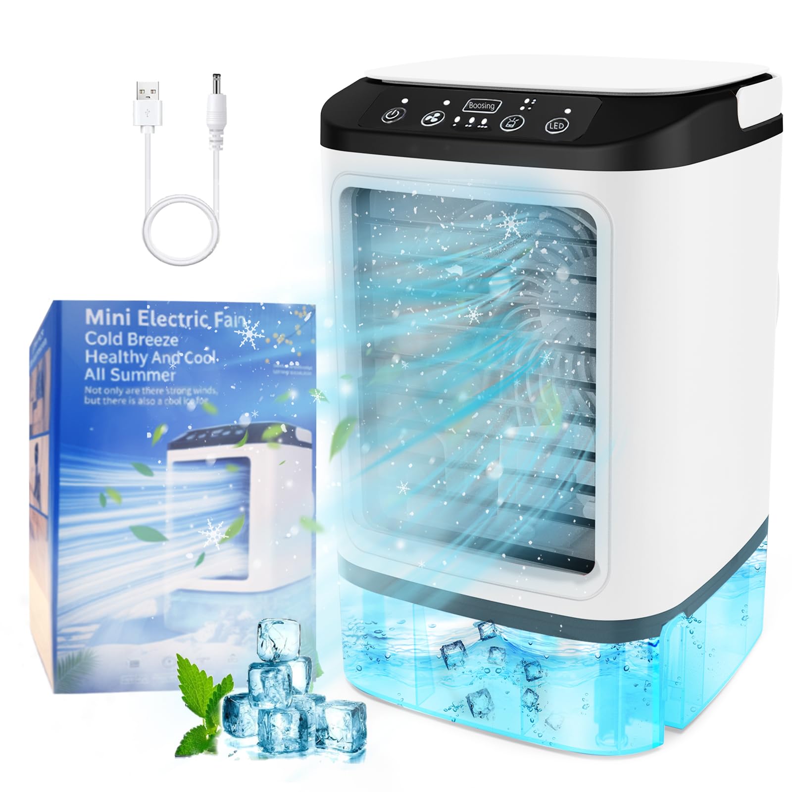 SMLEGFT Portable Air Conditioners, Personal Air Conditioner with 2 Mist & 7 Color Light, 3 Speed & Boost Mode, 900ml Large Tank & Icebox, Evaporative Air Cooler AC Cold Fan for Bedroom Office Desk Car