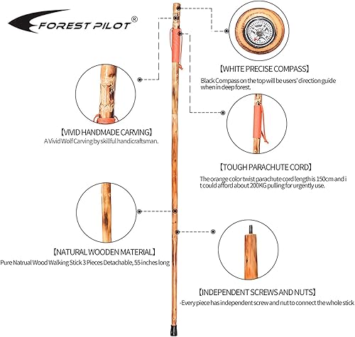 Miniatura 2 de Bastón desmontable de madera de abeto para senderismo con brújula de 55 pulgadas, con talla de animales, correa de mano suave, cubierta de punta de