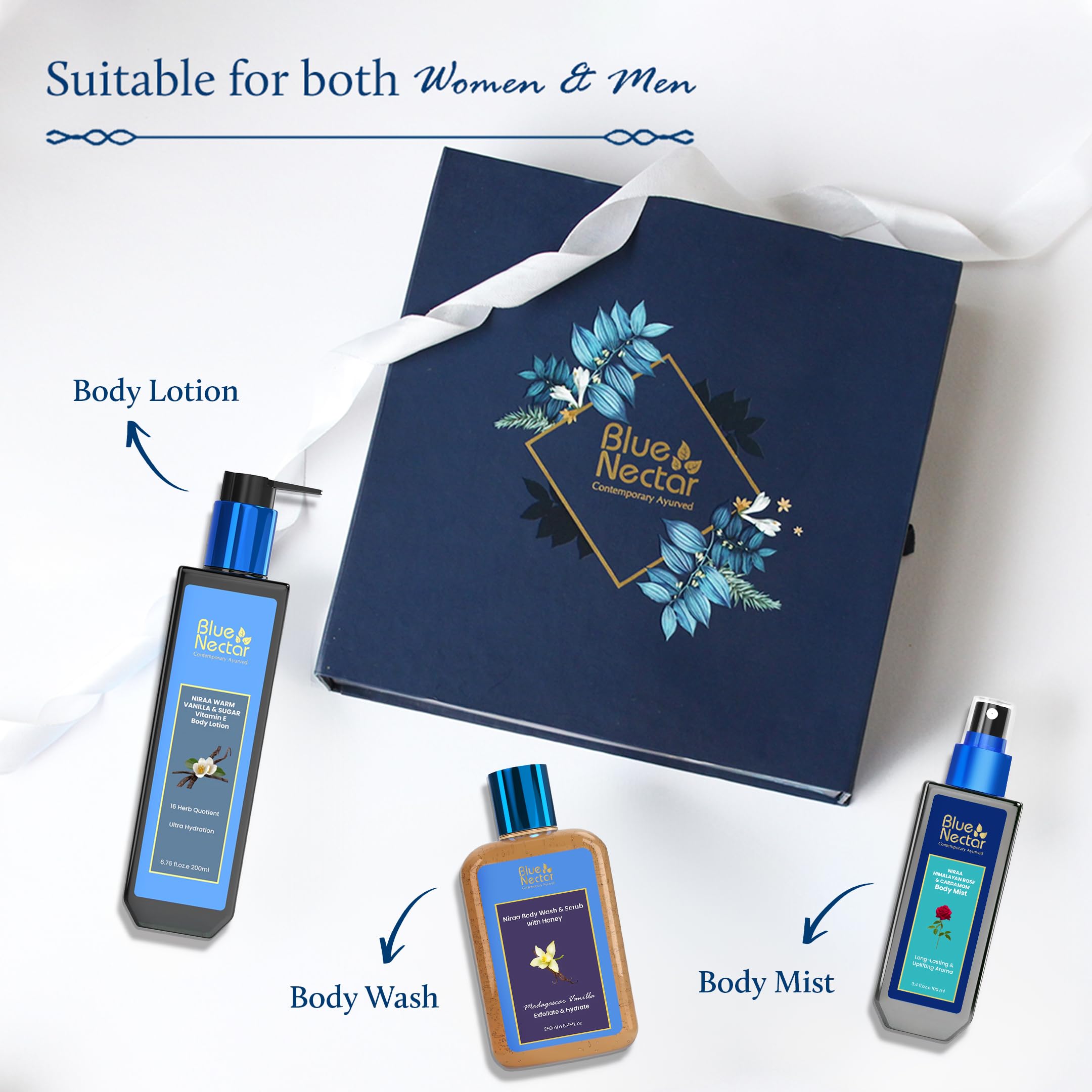 Blue Nectar Sensuous Body Love, set regalo per donne e uomini, lozione alla vaniglia, bagnoschiuma, scrub e nebbia per il corpo, confezione da 3, regalo perfetto per anniversario e compleanno