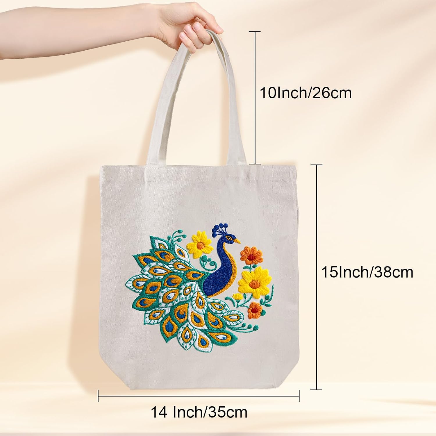 Louise Maelys Canvas Tote Bag Embroidery Kit for Beginners,Cross Stitch Kits for Adults,DIY Peacock Flower Pattern,Arts Crafts Needlepoint Women Shopping Reusable Grocery Bags