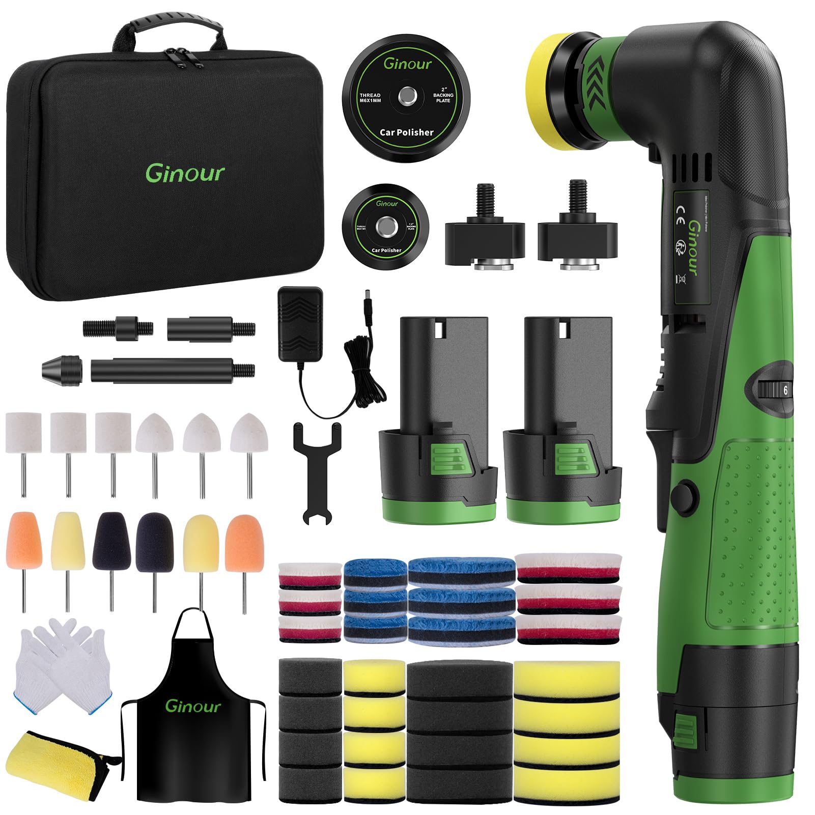 Ginour Cordless Mini Buffer Polisher for Car Detailing, 12V Mini Car Polisher Kit with 1"&1.2" Backing Plate,2X 2.0Ah Batteries and Accessories, RO/DA 6 Speeds for Polishing, Waxing, and Cleaning