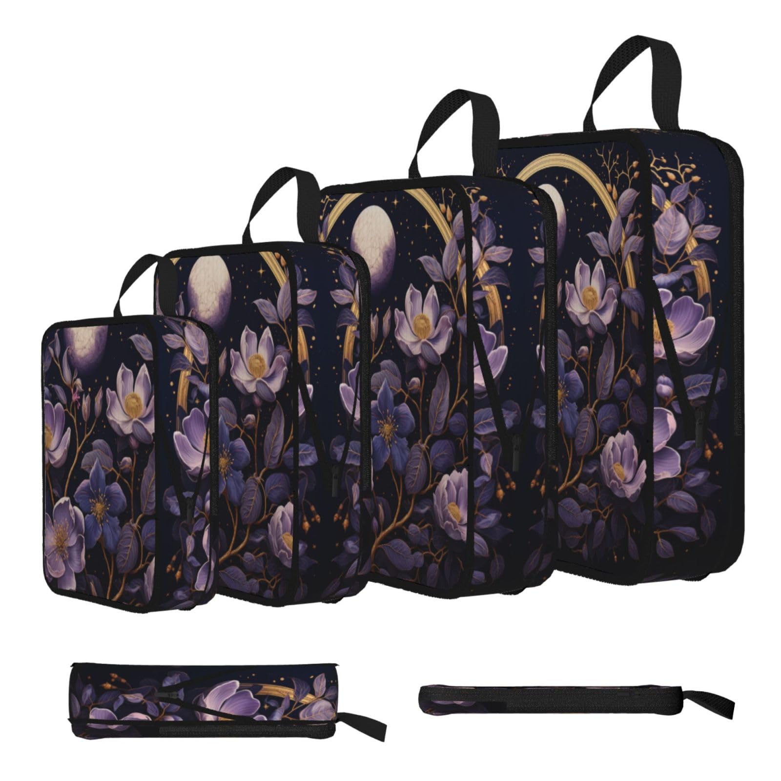 Sxzvvbn Black Purple Flowers In The Moonlight Compression Packing Cubes 4 Piece Set