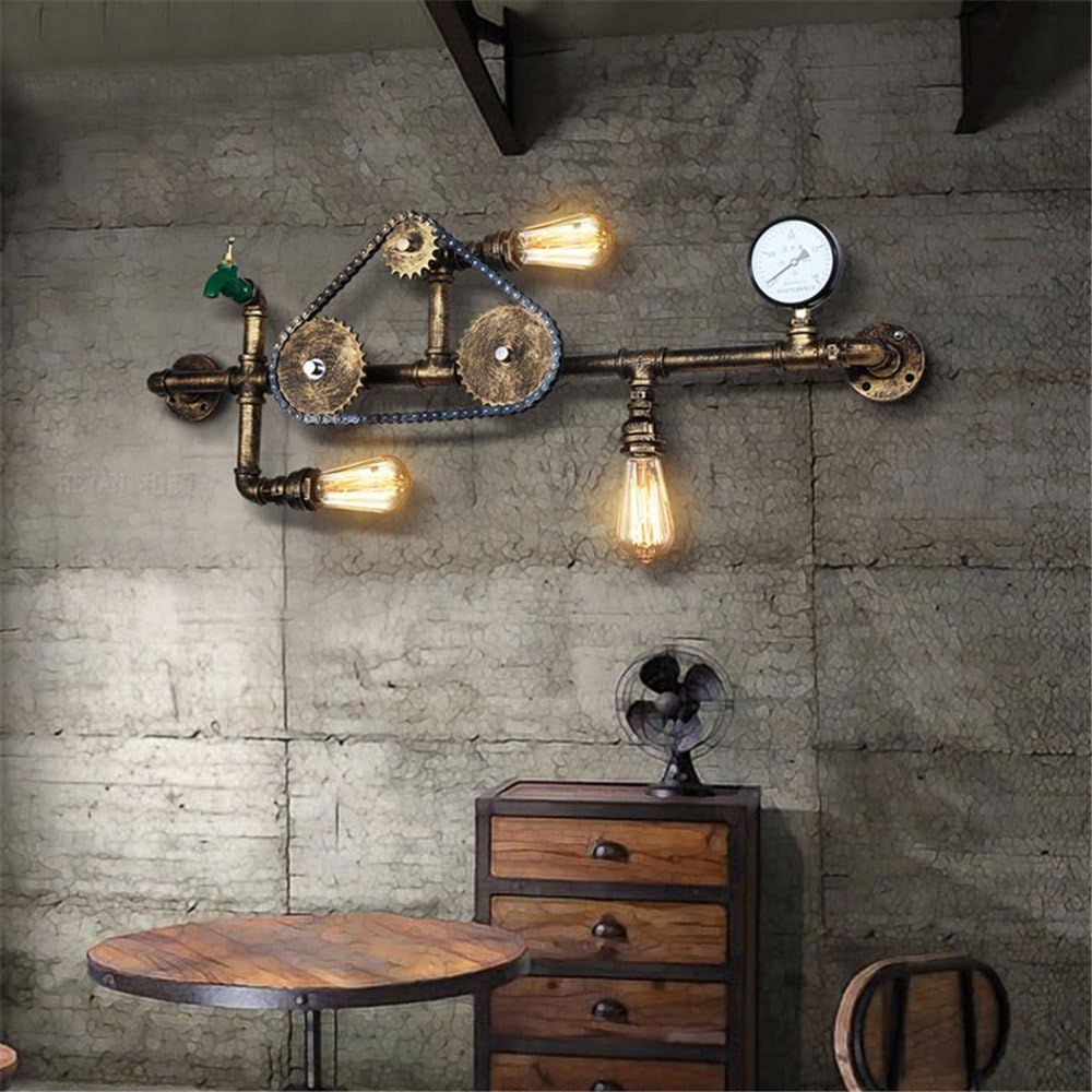 KWOKING Lighting 3 Lights Industrial Wall Sconce Water Pipe Wall Lamp Indoor Lighting Fixture with Gear Pressure Gauge and Tap Accent in Rustic Style for Restaurant Living Room Bedroom Bar