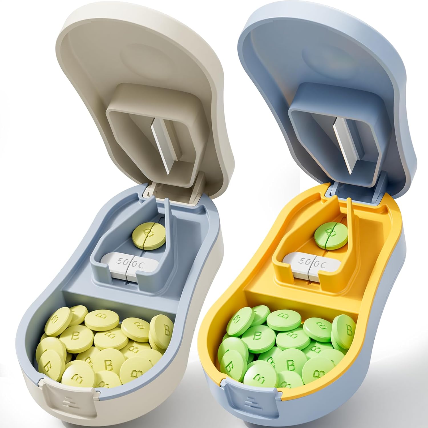 Pill Cutter for Small and Tiny Pills - Pill Splitter with Detachable Silicone Pad - Easy Open Snap Button. Wrap-Around Blade Guard Prevents Cuts. Back Storage (Blue+White)