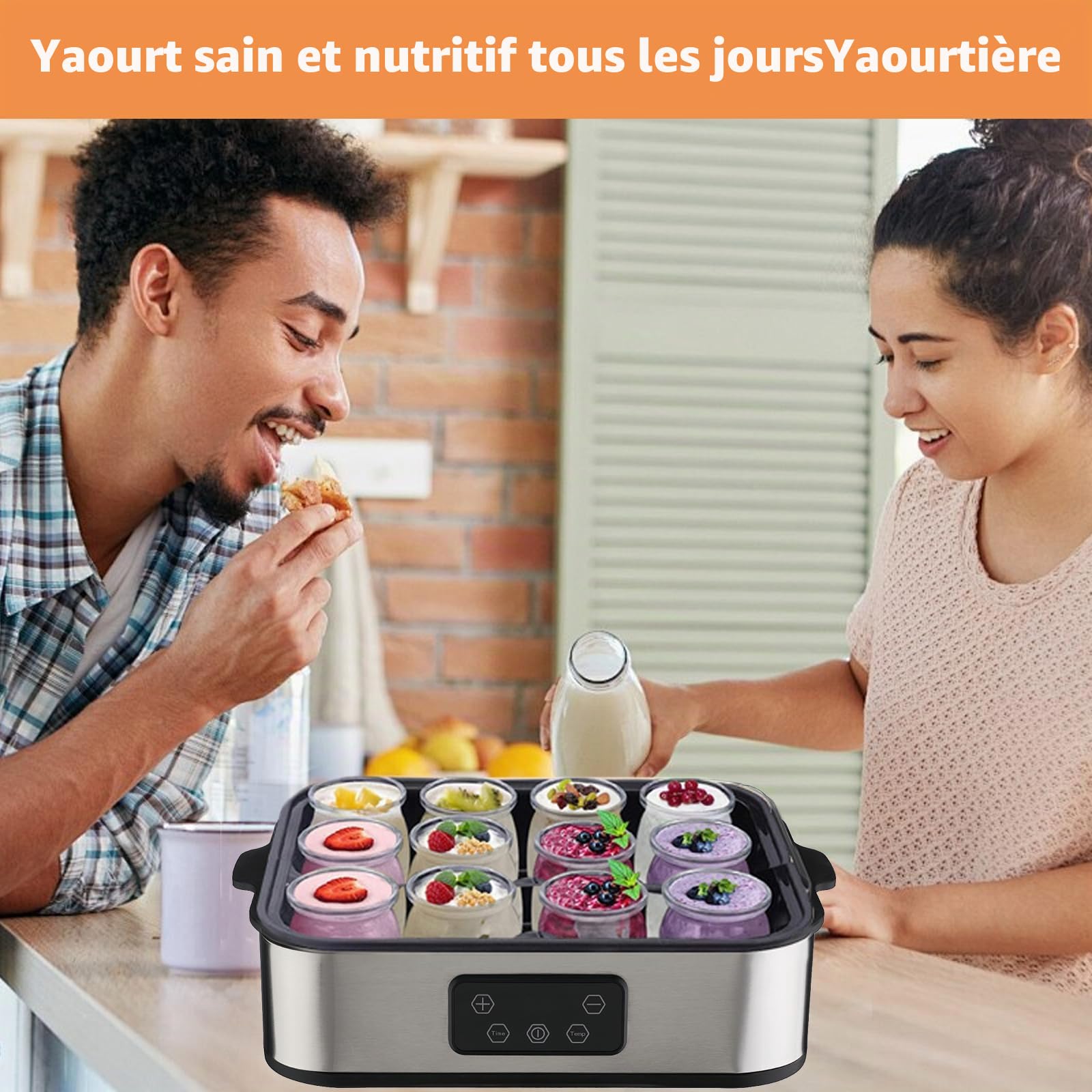 Yaourtière 12 pots en verre, Capacité 2200ml Machine à Yaourt Maison, Yaourtière Fromagère en Acier Inoxydable, Thermostat Réglable et Minuterie 48h - Pour des desserts maison sains