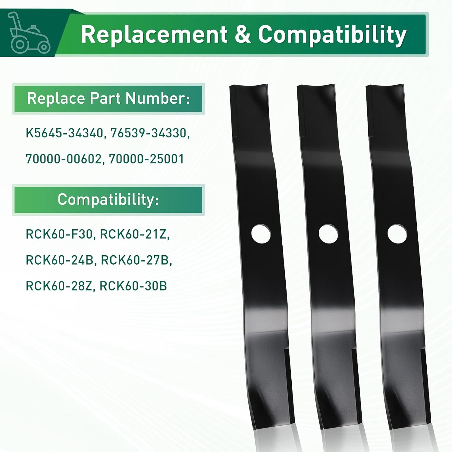 K5645-34340 Mower Blades Compatible with Ku-bota 60" Deck Lawn Mower, Replaces K5645-34330, K5647-34340, K5645-97520, K5651-34340, 5651-34330, 70000-00602, 70000-25001, 76539-34330, 3 Pack