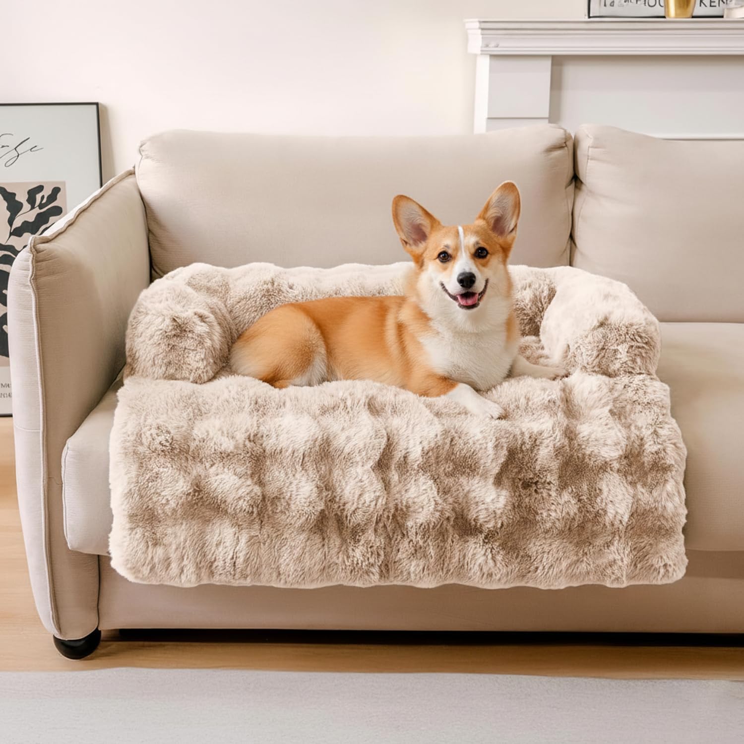 Dog Couch Bed, Dog Bed for Couch, Calming Fluffy Washable Pet Sofa Covers Protector Mat for Small Medium Dogs and Cats, Khaki