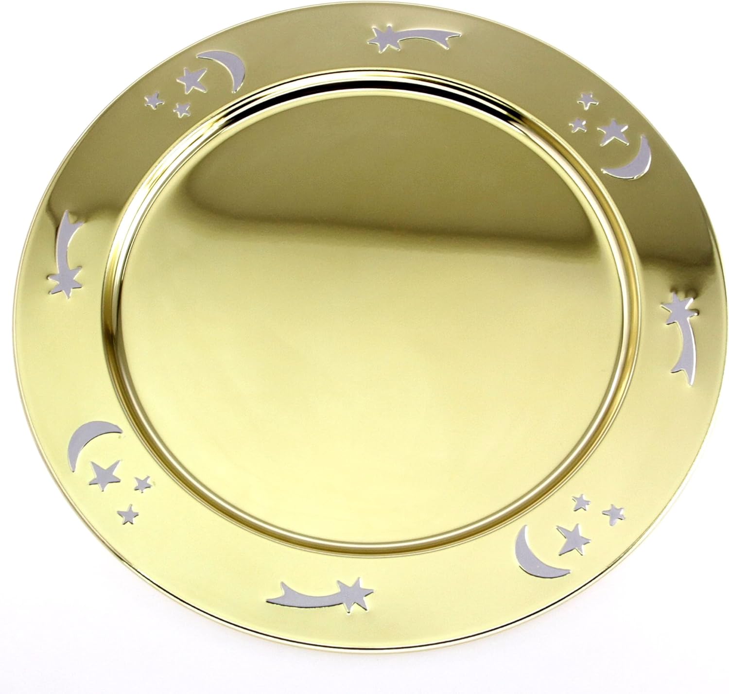 (Pack of 4) 15.4 Inch Round Iron Yellow Gold Plated Serving Tray Shooting Star Moon Engraved Decorative Greeting Party Birthday Wedding Dessert Buffet Candle Snack Platter Plate GD-317