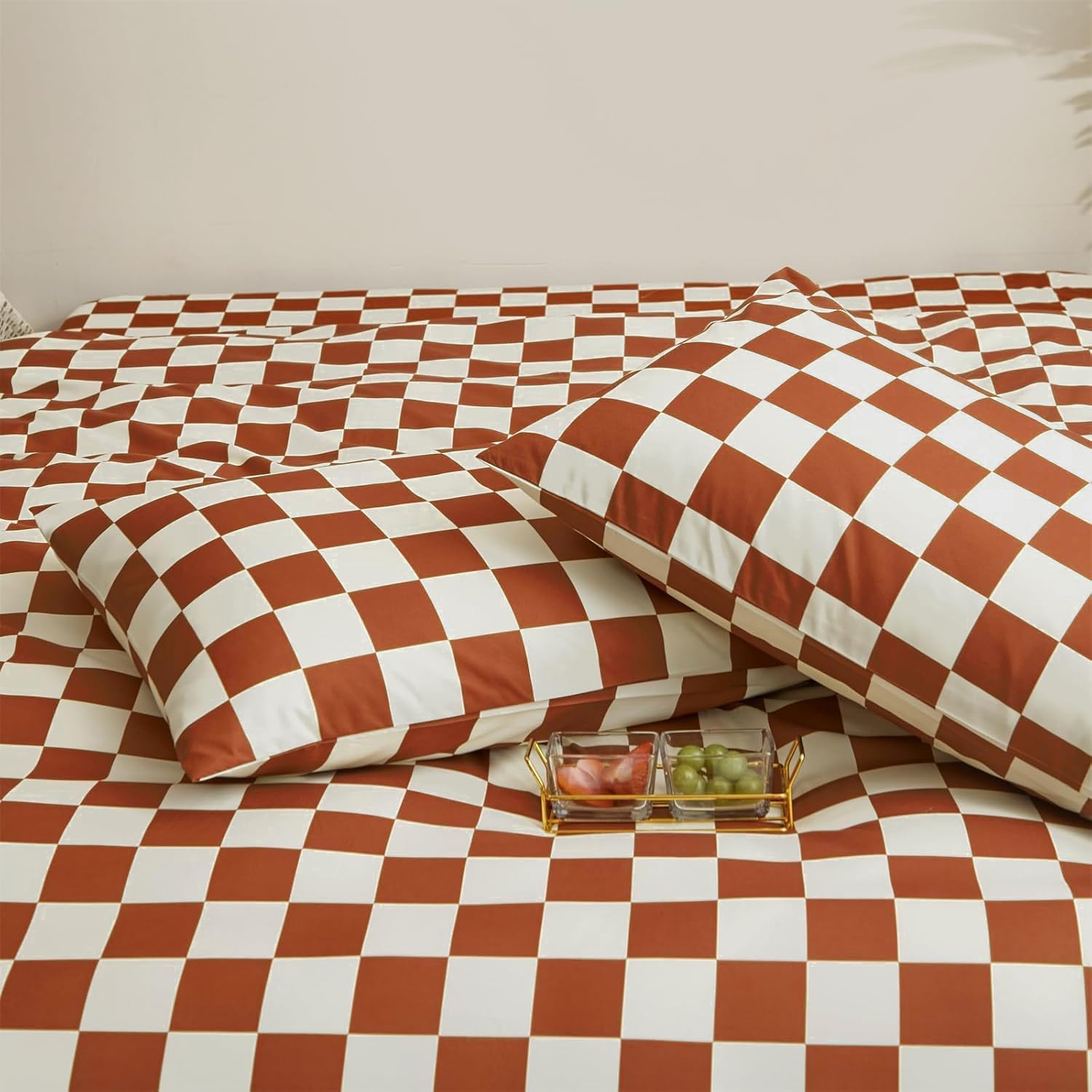 KAREVER Pumpkin Grid Bed Sheet Set White Checkered 4 PCs Bedding Sheet Set 1 Fitted Sheet 1 Flat Sheet with 2 Pillowcases Pumpkin Color Plaid Sheet Full Size - Image 2