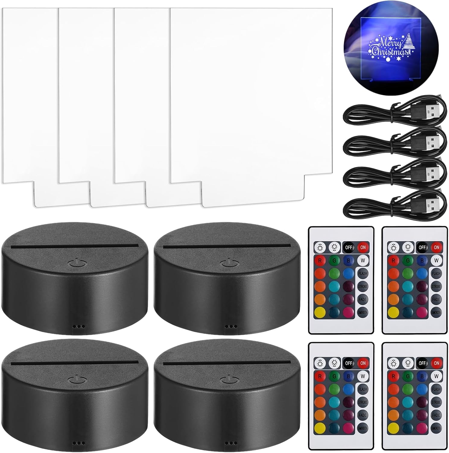 4 Sets Acrylic Light Base and Blanks - 3D Night Light Stands with 3.8MM Acrylc Sheets & Remote Controls, 16 Colors & 4 Modes, USB Powered Decorative LED Light Display Bases for Homes, Shops