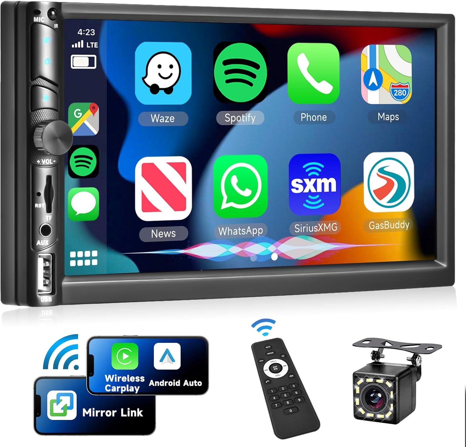 Double Din Car Stereo with Wireless Carplay Android auto, 7 Inch Double Din Car Radio Bluetooth 5.1, Subwoofer, FM, Mirror Link, USB/AUX Port, Backup Camera