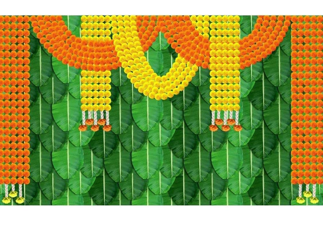 KaratKing Backdrop Cloth for Fuctions Aritaku Banana Leaf with Orange Yellow Flower Decoration Cloth for All Functions and Photography (8X5) (Aku Banthi)
