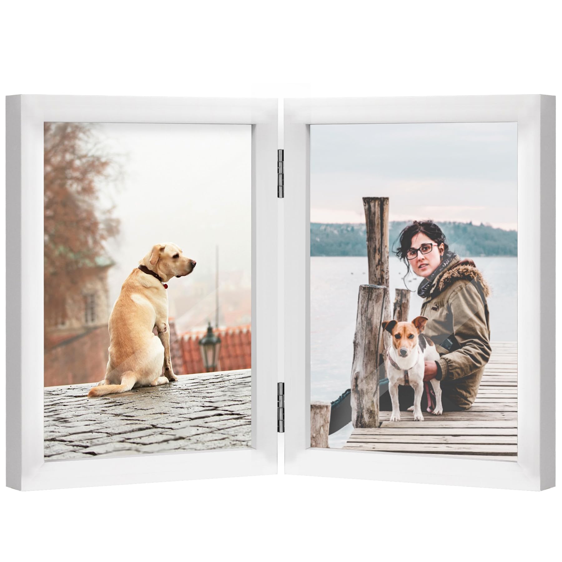 Forev White 4X6 Double Picture Frame Wooden Hinged Photo Frame Definition Glass Stand Vertically On Desktop Or Tabletop