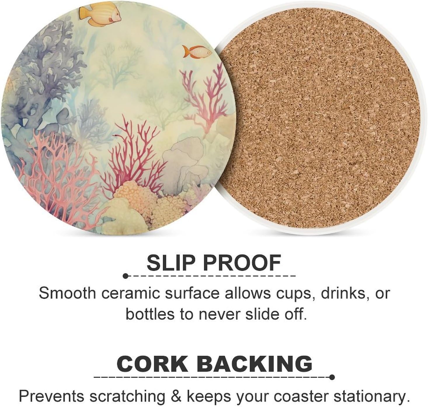 Drink Coasters for Coffee Table, Absorbent Coaster Set of 6, Marine Coral Reef Painting Ceramic Coaster for Wooden Table, Suitable for Kinds of Cups, Home Decor, 4 Inches
