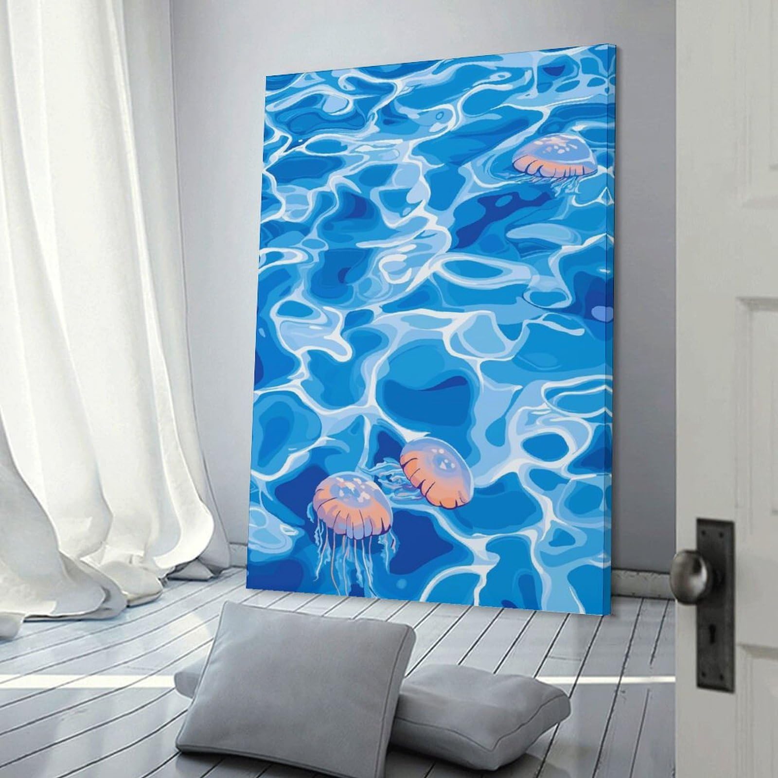 Junmoney Frame-Style-15 Home Decor Wall Art Jellyfish In Blue Water Illustration, 20X30inch(50X75cm), For New Homes, Bedrooms Or Workspaces, Decorative Present For New Homes