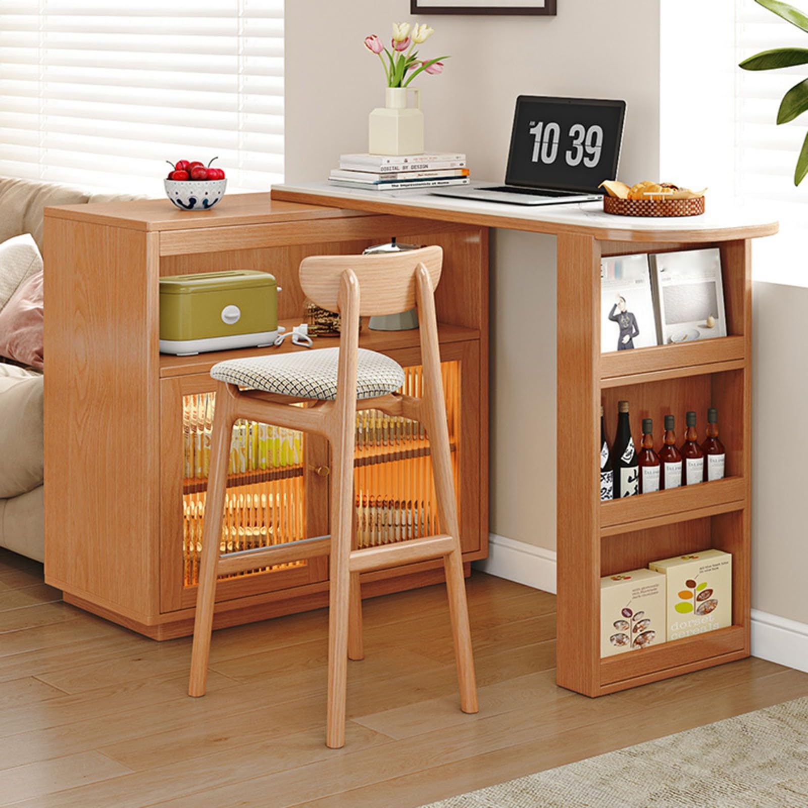 Ausziehbarer Bartisch Mit Stauraum 360° Drehbarer Stehtisch Kücheninsel Mit Glastür Türen 2 Offene Ablagefächer Beweglicher Bar Table für Esszimmer Küchen A,60CM