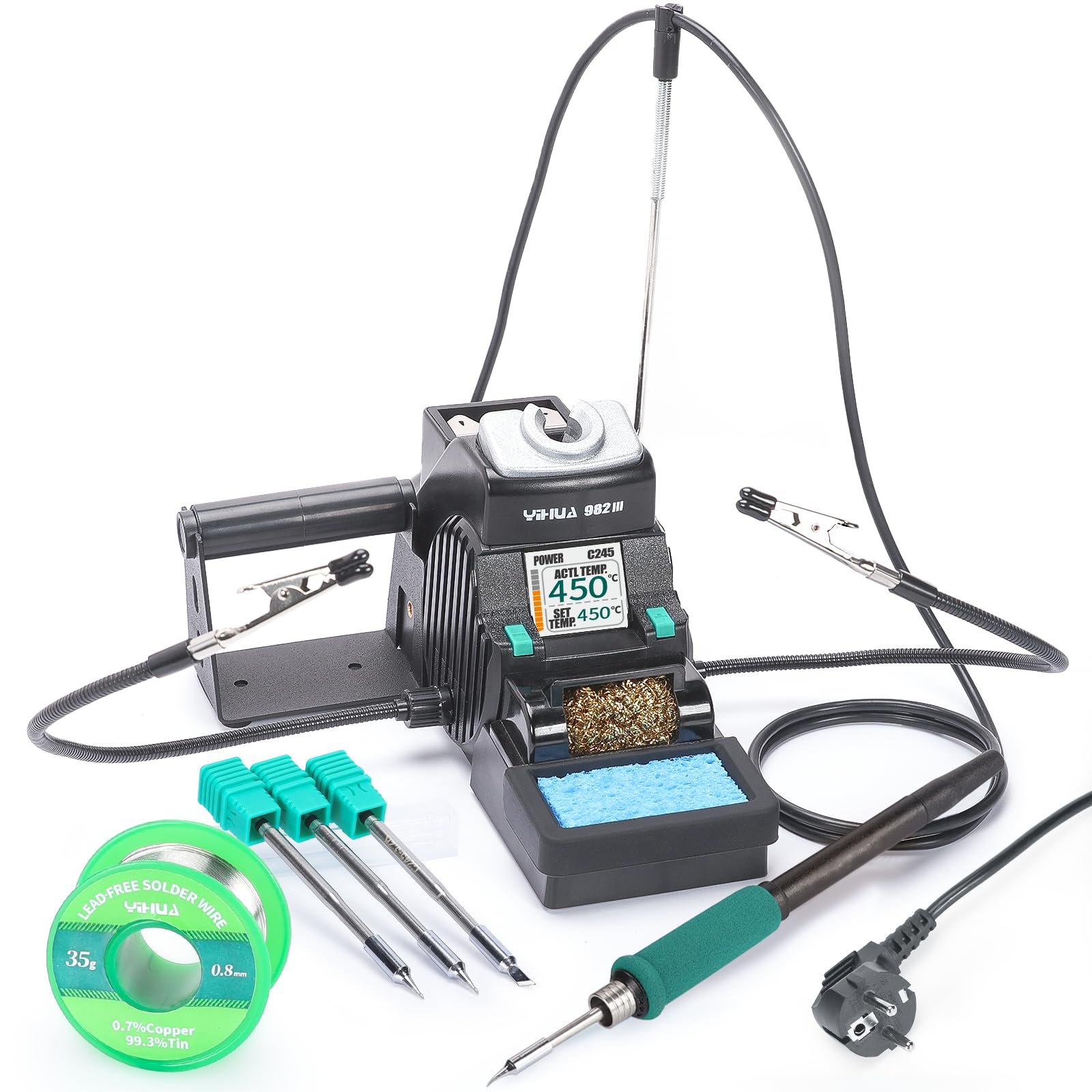 YIHUA 982-III Kit di Stazione di Saldatura di Precisione C245-Compatibile con 3 Punte per Saldatore C245 Filo per Saldatura Senza Piombo Modalità di Riposo Standby Automatico Spazi per Cambio Punte
