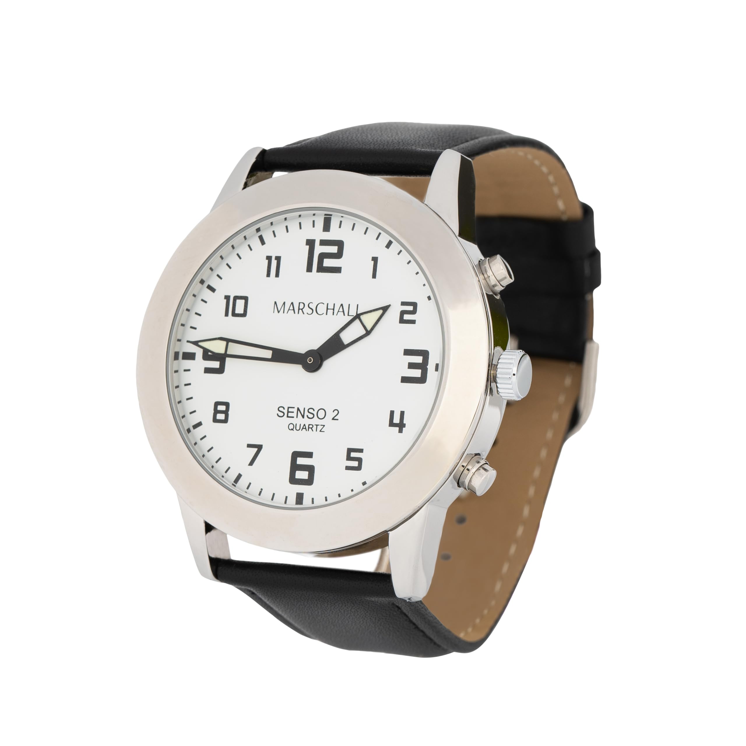 Marschall Senso Deutsch sprechende Herren Armbanduhr I S-HL2 I Mit Touch Funktion I Für Blinde, Senioren und Demenzkranke I Datum- und Zeitansage I Schwarzes Lederarmband