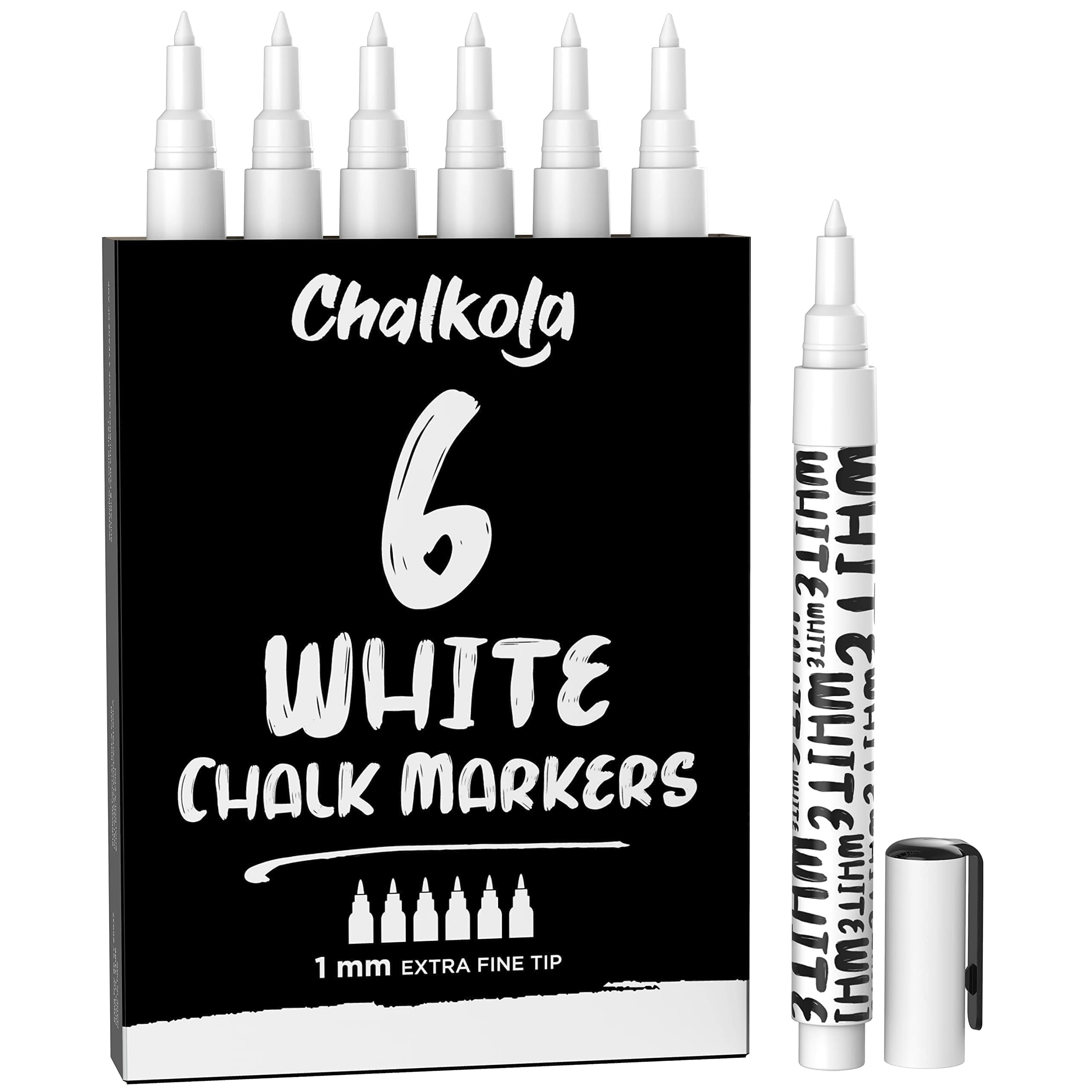 Chalkola White Chalk Pens - White Dry Erase Liquid Chalk Pens For Chalkboard, Blackboard, Window, Bistro, Car Glass, Board, Signs - 1Mm Extra Fine Tip Chalkboard Chalk Markers-image
