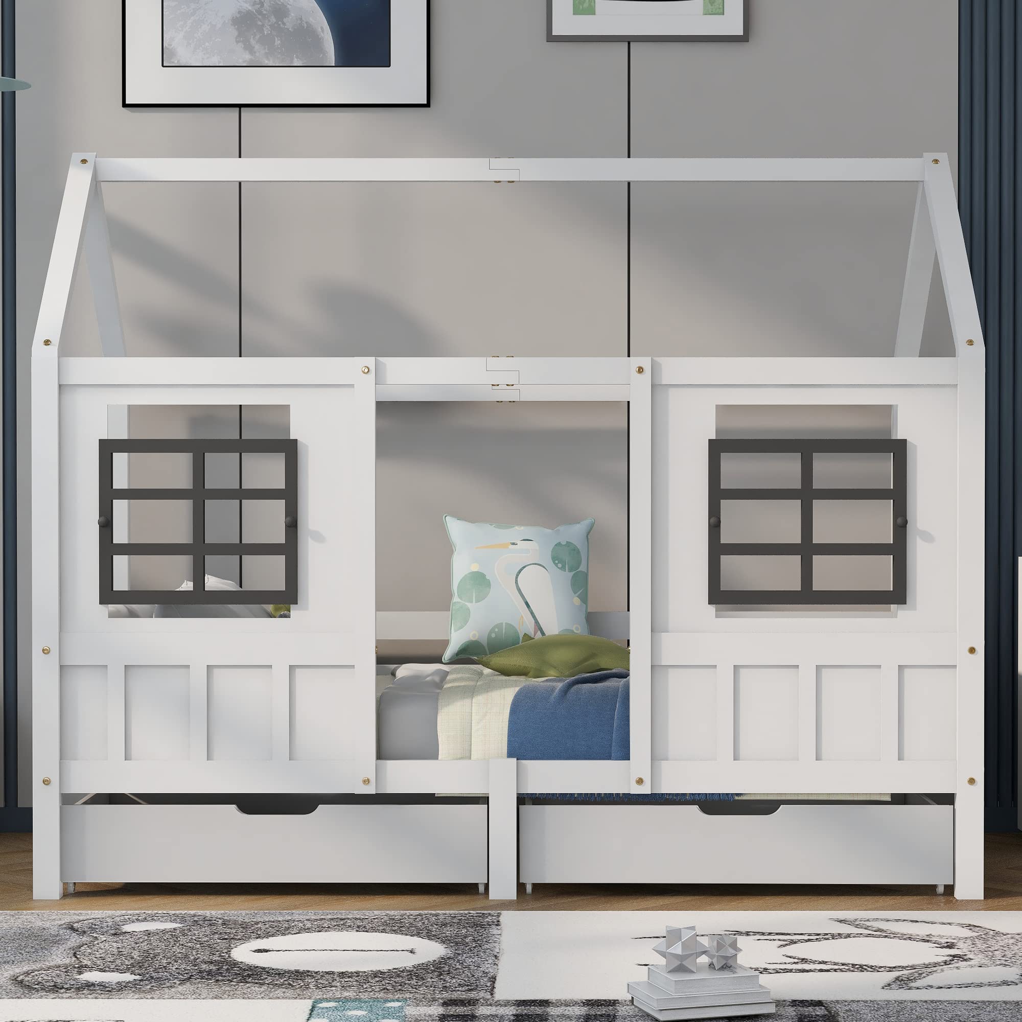 Kayan Lit maison avec 2 tiroirs, lit simple, lit de jour, lit enfant avec 2 fenêtres, cadre en pin, MDF, blanc (200 x 90 cm)