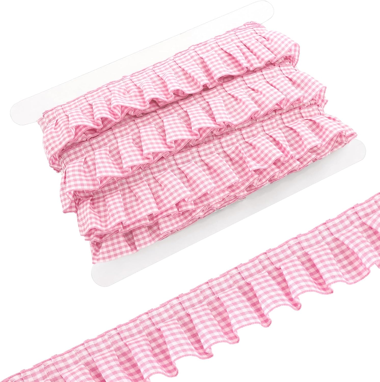 20 Yards Pink Gingham Ruffle Trim 1.5 Inch Coastal Pleated Trim Ribbon Pre-Gathered Coastal Ruffled Pink and White Gingham Fabric Edge for Dress Clothing DIY Crafts Wedding Baby Shower Party
