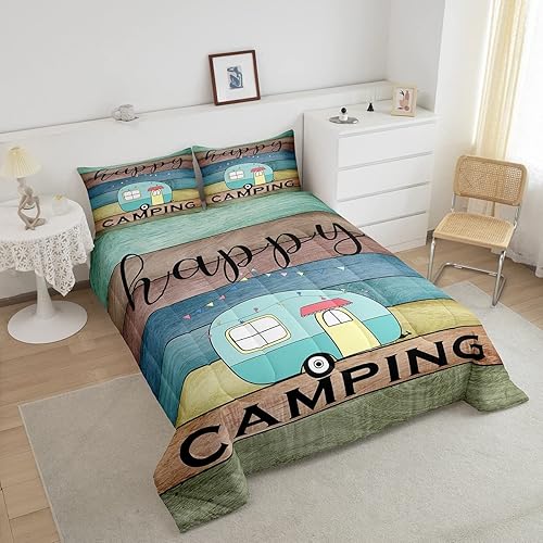 Miniatura 3 de Erosebridal Juego de ropa de cama Happy Camping, juego de edredón de auto de cámper para niños y niñas, colorido tablero de madera, edredón de