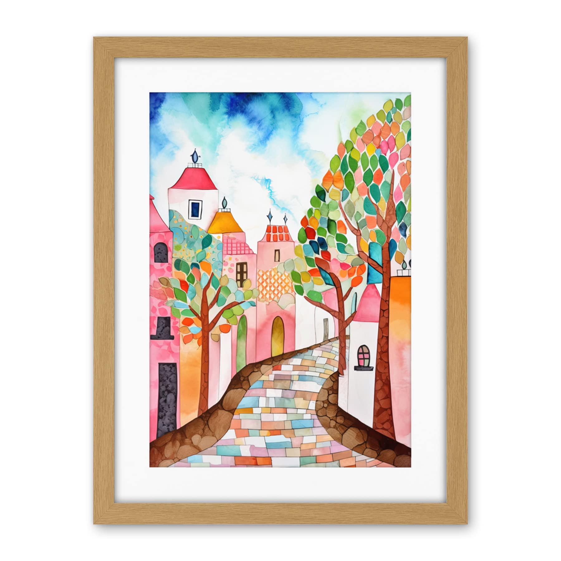 Artery8 Cobblestone Street In Spring Folk Art Artwork Framed Wall Art Print 18X24 Inch