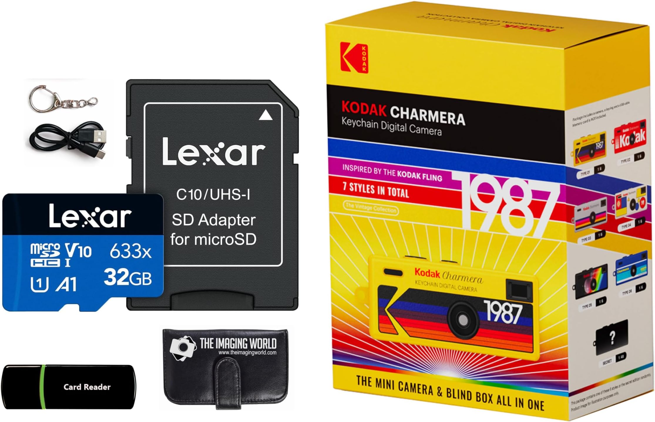 Kodak Charmera Key Chain Digital Camera (Random Style Blind Box) with Lexar 32 GB Micro SDHC Card and Reader, Memory Card Wallet Bundle