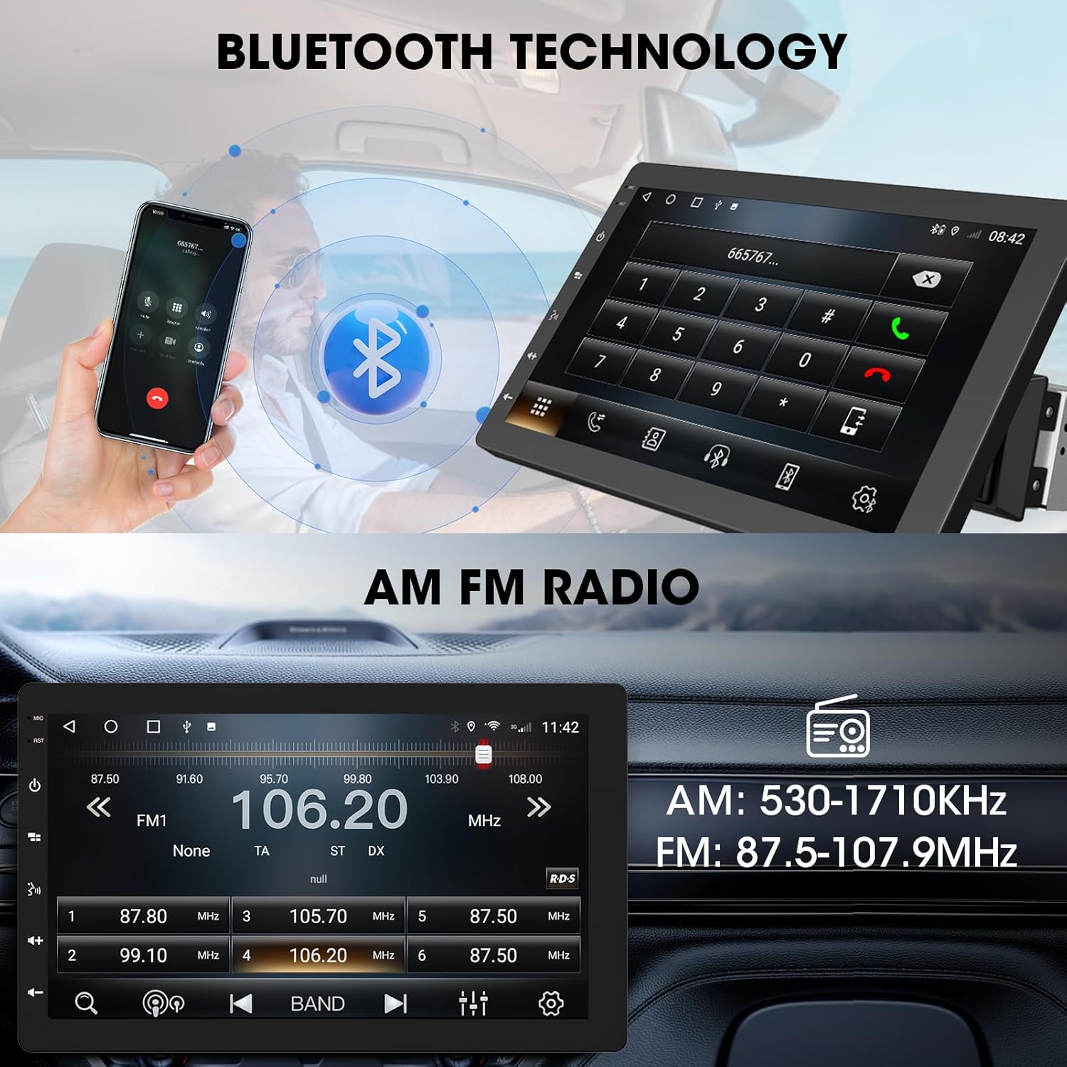 ABSOSO car stereo demonstrating Bluetooth connectivity and AM/FM radio interface