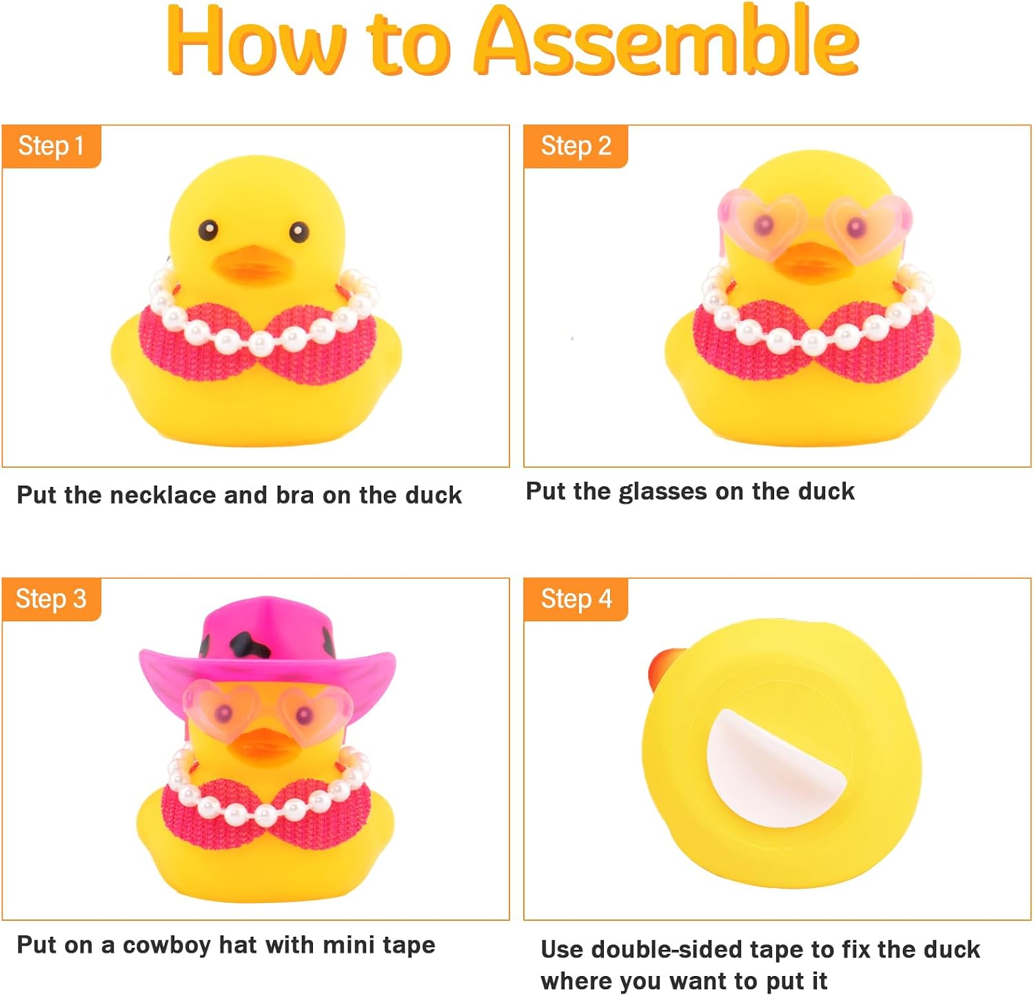 wonuu Car Decorations Bikini Cowboy Rubber Ducks, Dashboard Rubber Ducky for Gag Car Ornament Cute Duck with Cowboy Hat, Glasses, Pearl, Pink