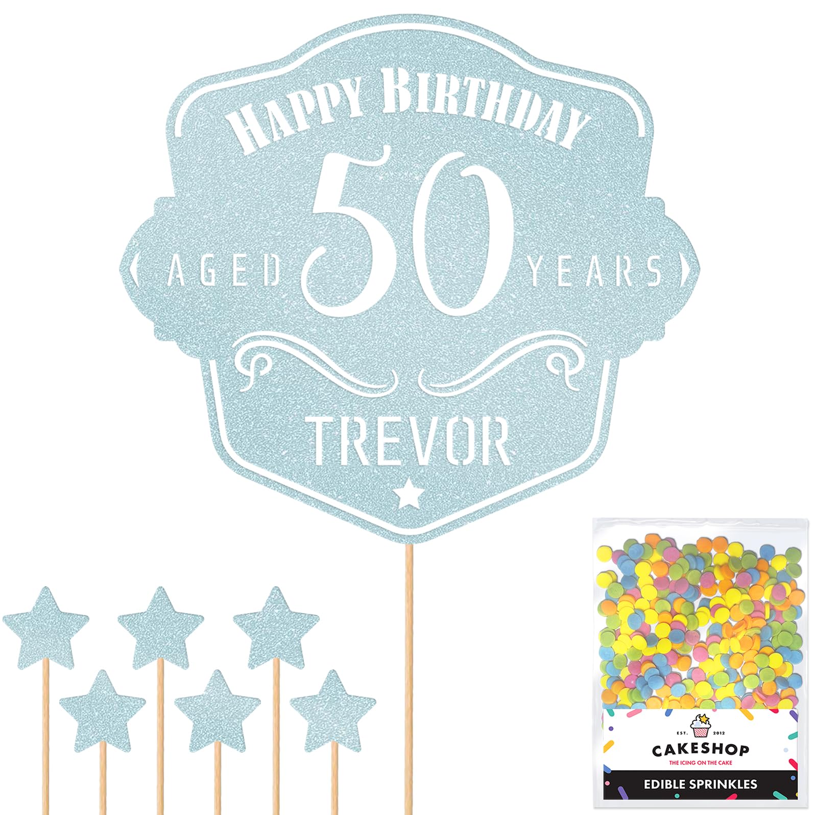 Personalised Whisky Label Glitter Cake Topper - Light Blue Custom Age & Name Whiskey Glitter Cake Decoration and Sprinkles - Happy Birthday Decorations - Personalised Toppers for Cakes by Cakeshop