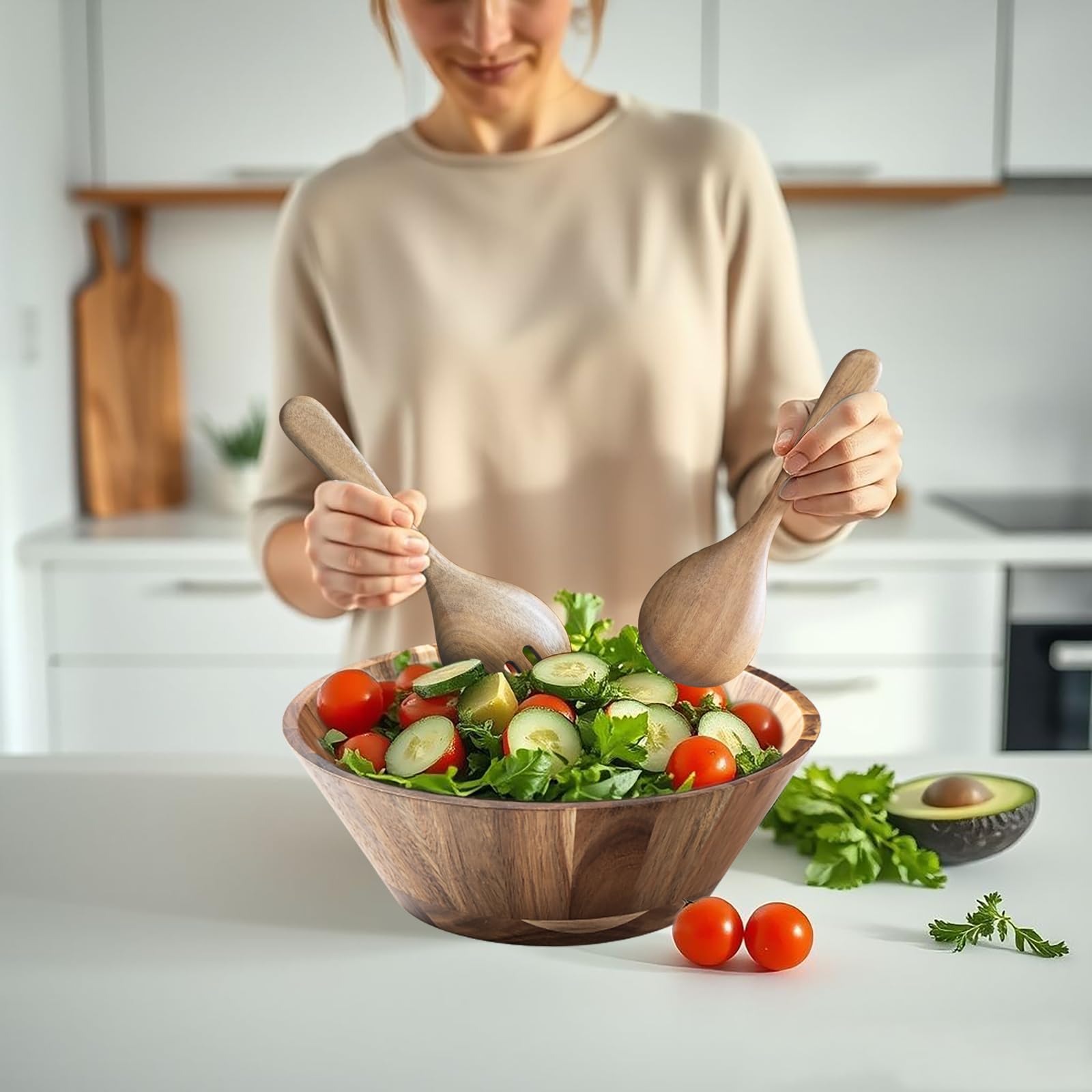Salatschüssel Holz, Große Runde Salatschüssel Set Ø 30 cm Akazienholz Schüssel mit Salatbesteck, XXL Rührschüssel mit Holzlöffel & Gabel Obstschale Brotschale Nachhaltige Holz Schüssel