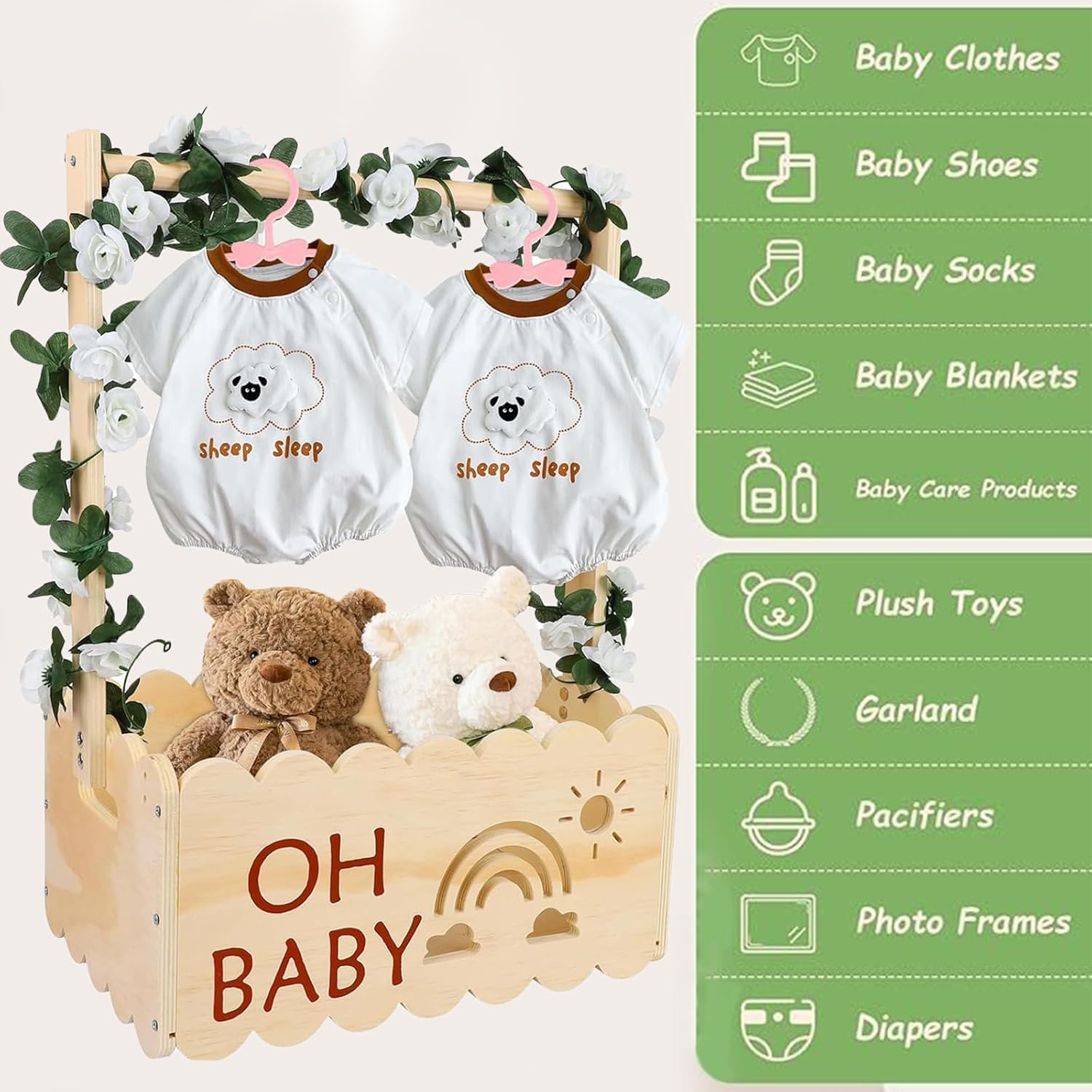 Wooden Baby Shower Crate Closet, Large Baby Shower Cupboard, Newborn Clothes Wardrobe Storage Basket with Handle Garland and 6 Clothes Hangers, Welcome Baby Gifts, for Pregnancy, 50.6 x 34 x 22.8cm