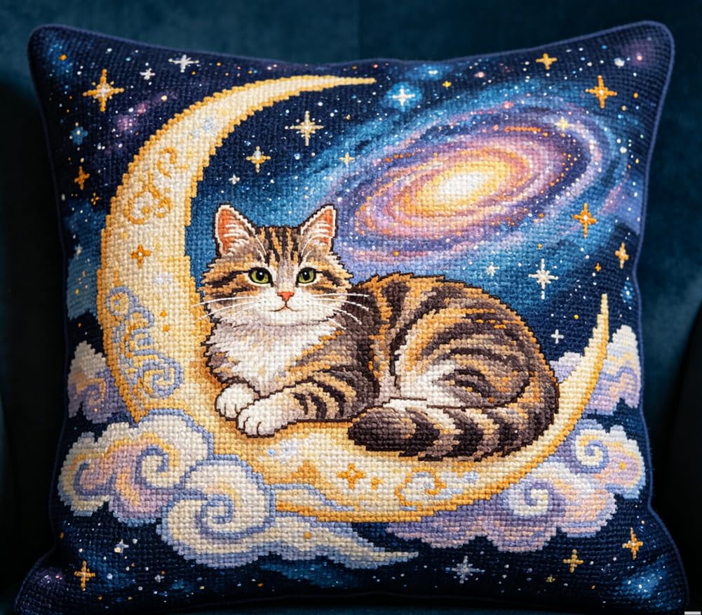 FWRTYCB Latch Hook Pillow Kits for Adults Cute Cat On The Moon Knitting Ki