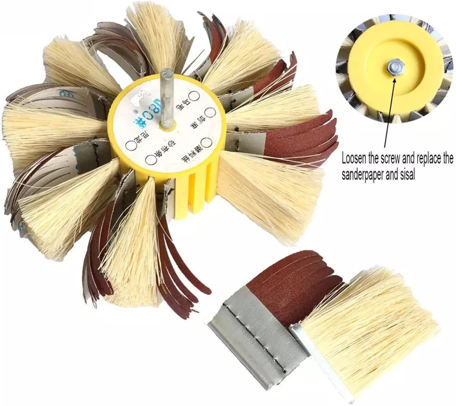 150mm X 6mm Shaft Mounted Sisal & Emery Cloth Bristle Polishing Brush Wheel For Wood Primer Sanding 80/120/180/240/320/400 Grit,Grit 120