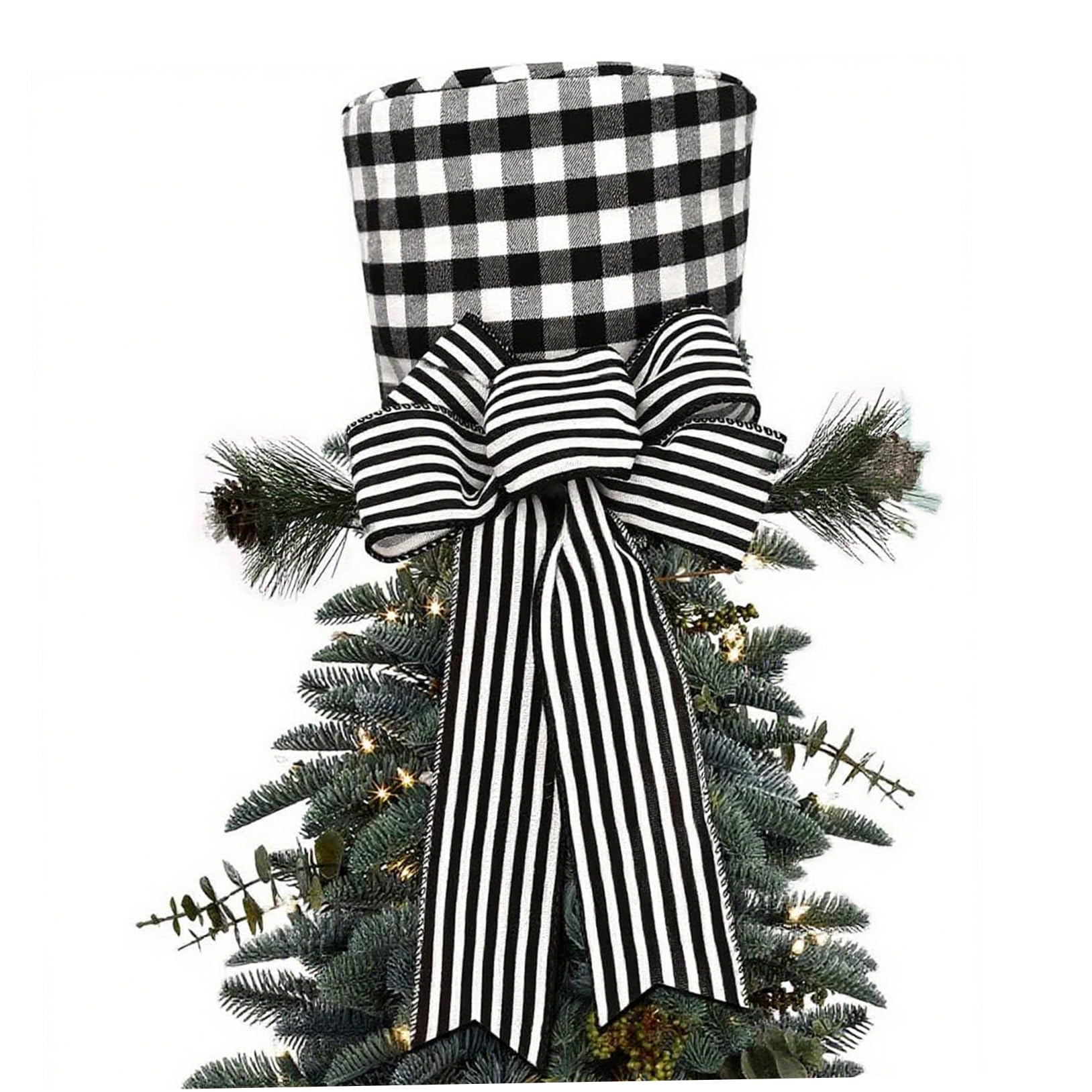 Jorzer Chapeaux de Noël pour sommet de sapin de Noël - Chapeau à carreaux noir et blanc avec nœud et ressort compressible - Ornements pour fête à la maison