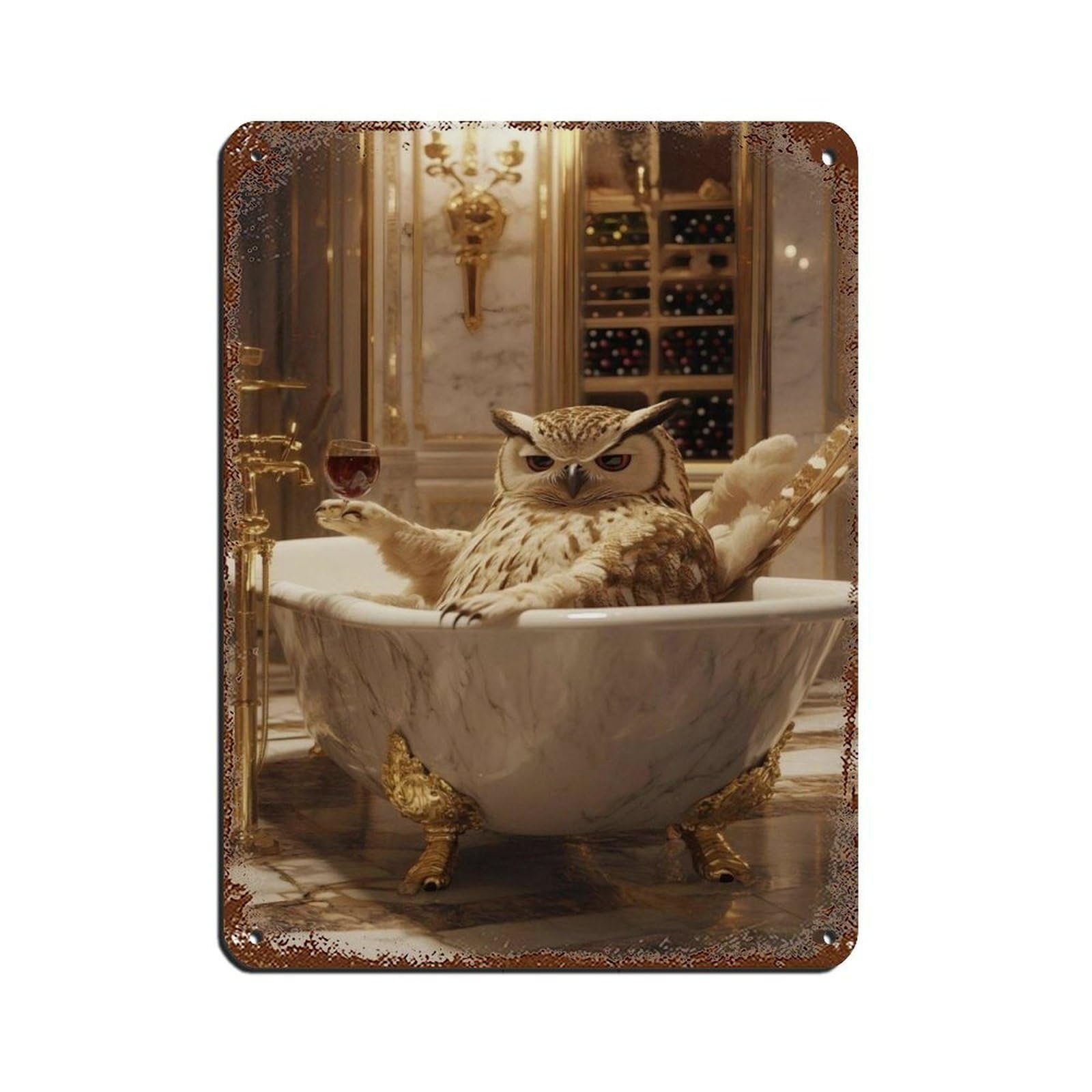 Elegant Owl in Bathtub Wine Retro Poster Metal Tin Sign Chic Art Retro Iron Painting Bar People Cave Cafe Family Garage Poster Wall Decoration 12x16inch(30x40cm)