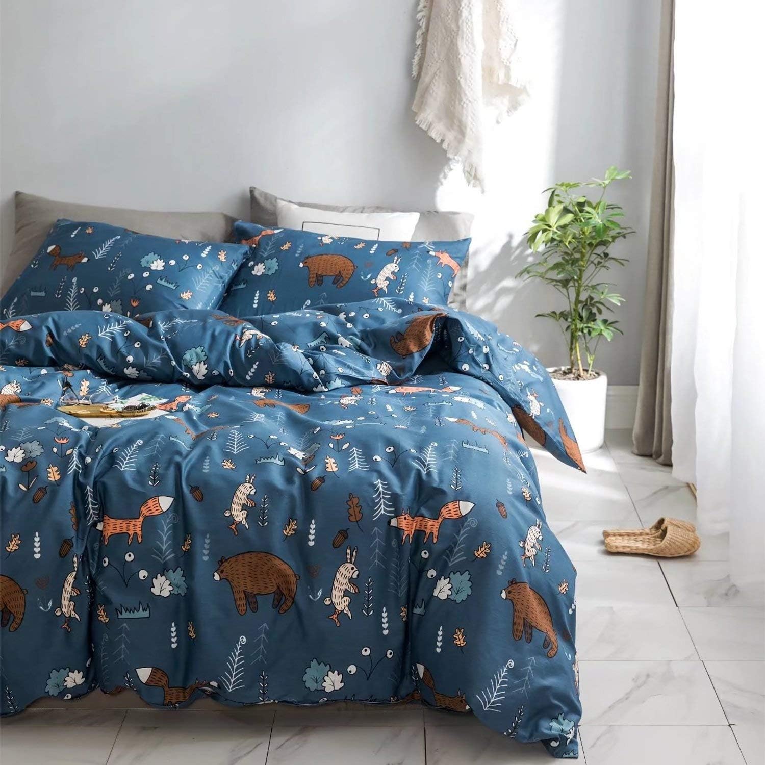 KAREVER Blue Bear Pillowcases Kids Cartoon Pillow Shams Navy Blue Animal Forest Woodland Printed Envelope Pillow Cover Pack of 2 for Boys Girls, Standard Twin/Queen 20''X26''