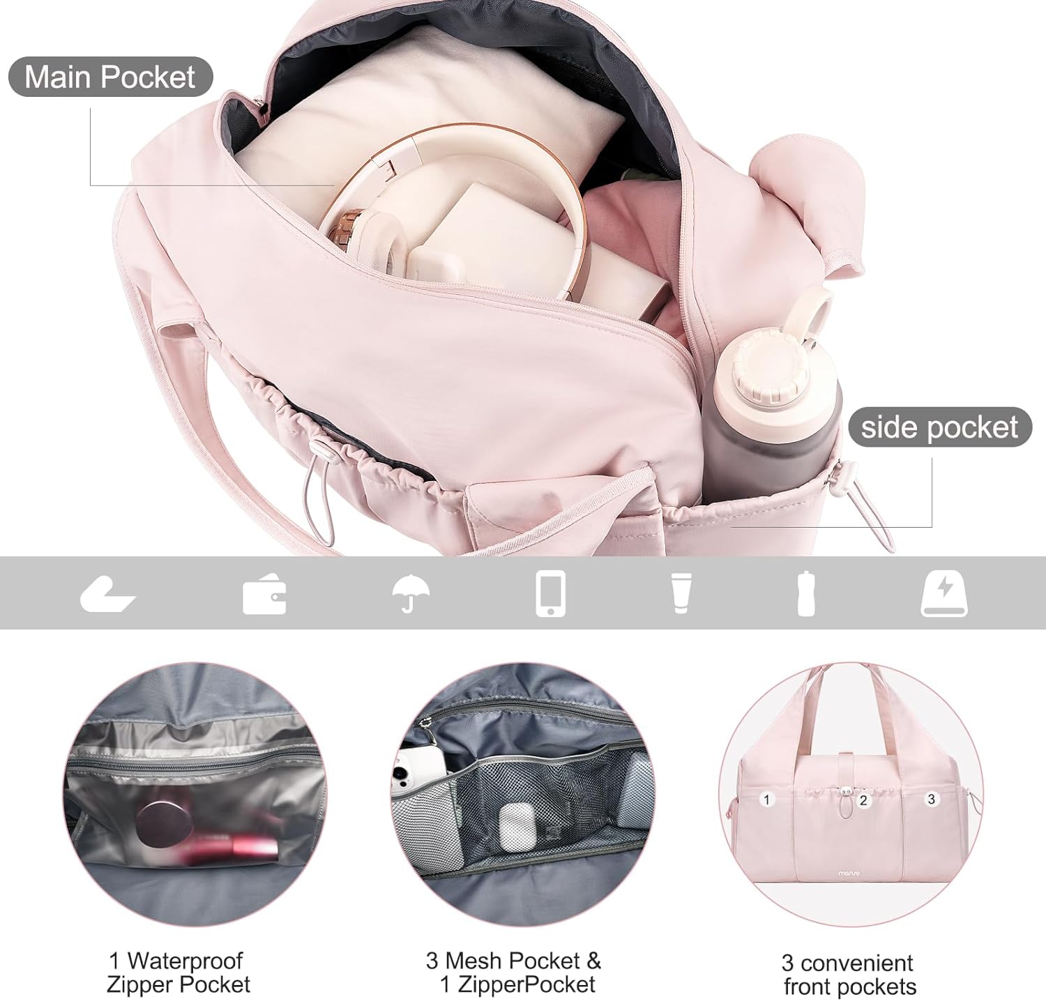 MOSISO Gym Bag for Women, Travel Duffle Weekender Overnight Workout Carry on Small Tote Sport Gym Duffle Bag with Shoe Compartment&Wet Pocket&Drawstring Pocket for Fitness, Yoga, Weekend, Pink - Image 5