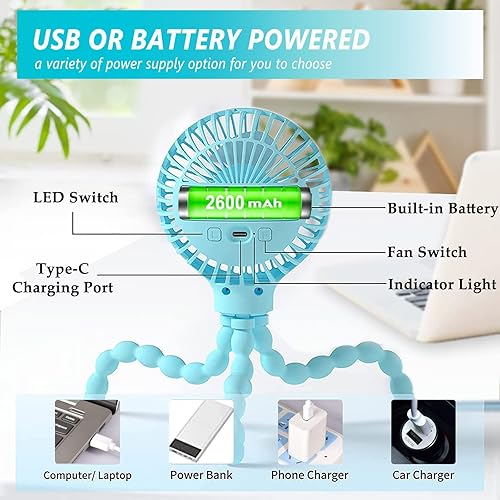 Miniatura 5 de YKLWORLD Mini ventilador de cochecito, ventilador portátil de mano con trípode flexible, ventilador de escritorio personal alimentado por USB o