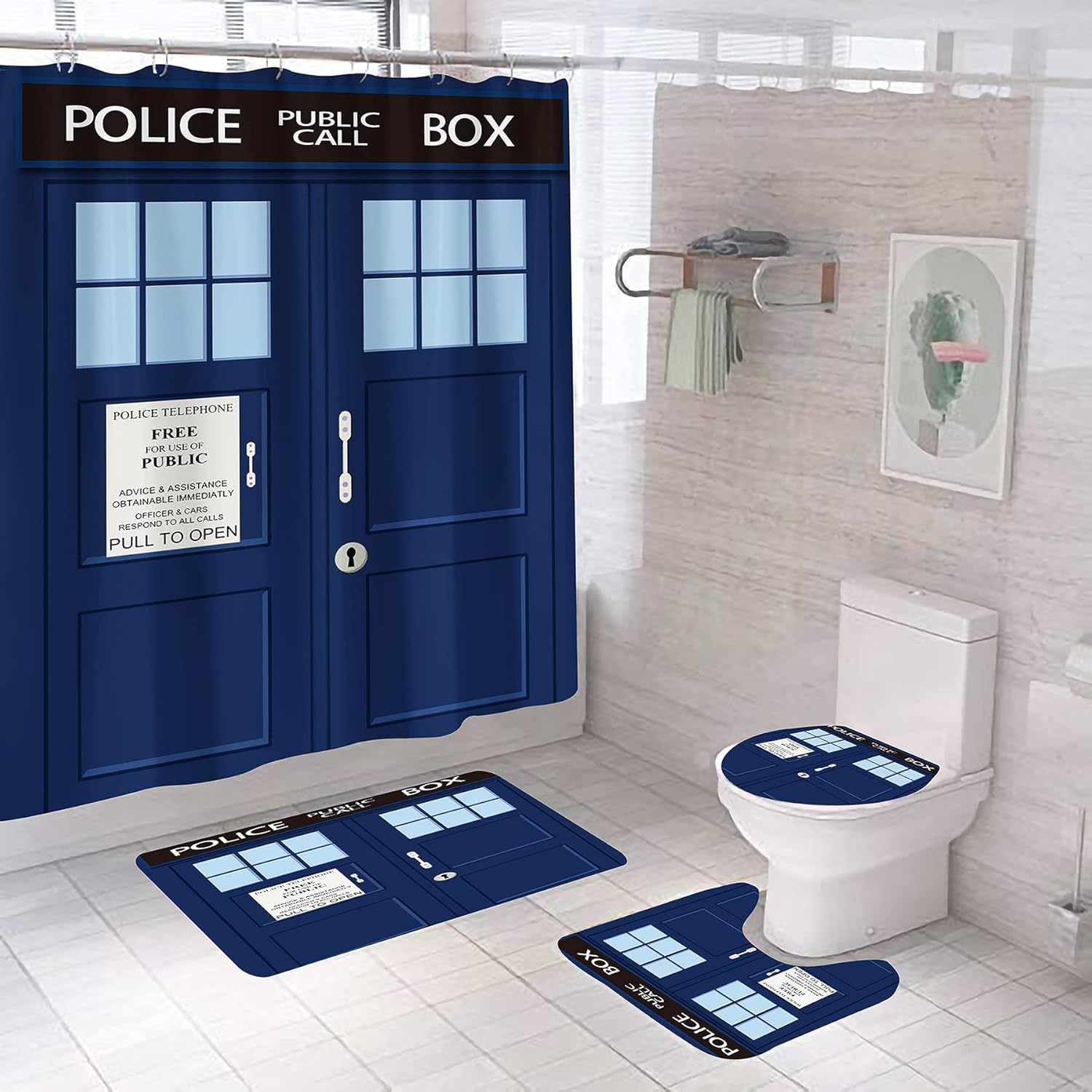 4 Pcs Tardis Police Box Shower Curtain Set, Blue Vintage Style Shower Curtain with Non-Slip Rug, Funny Creative Gift for Kids Adult, Toilet Lid Cover