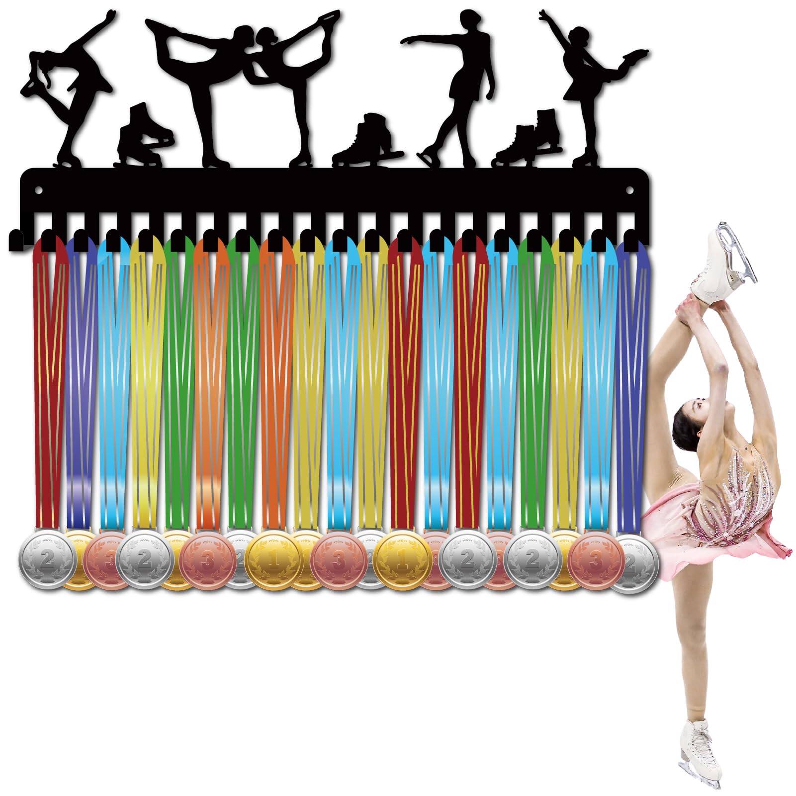 CREATCABIN Porta Medaglie Da Pattinaggio Appendiabiti per Medaglie Espositore per Medaglie Sportive Da Appendere Alla Parete Decorazione In Metallo con 20 gancio Atleta di Pattinaggio Ghiaccio 40x15cm