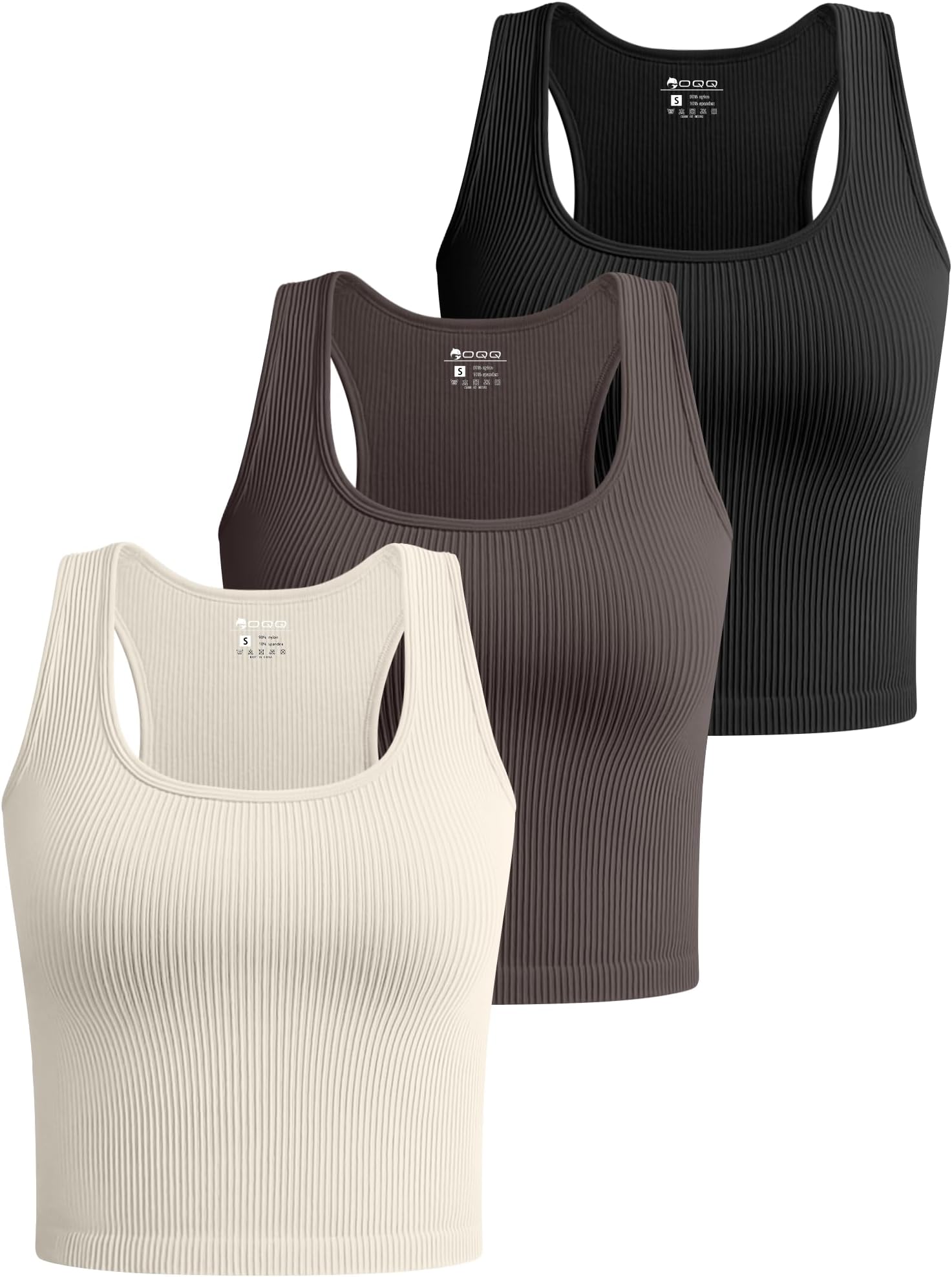OQQWomen's 3 Piece Crop Tank Tops Ribbed Seamless Workout Sleeveless Shirts Racerback Crop Tops