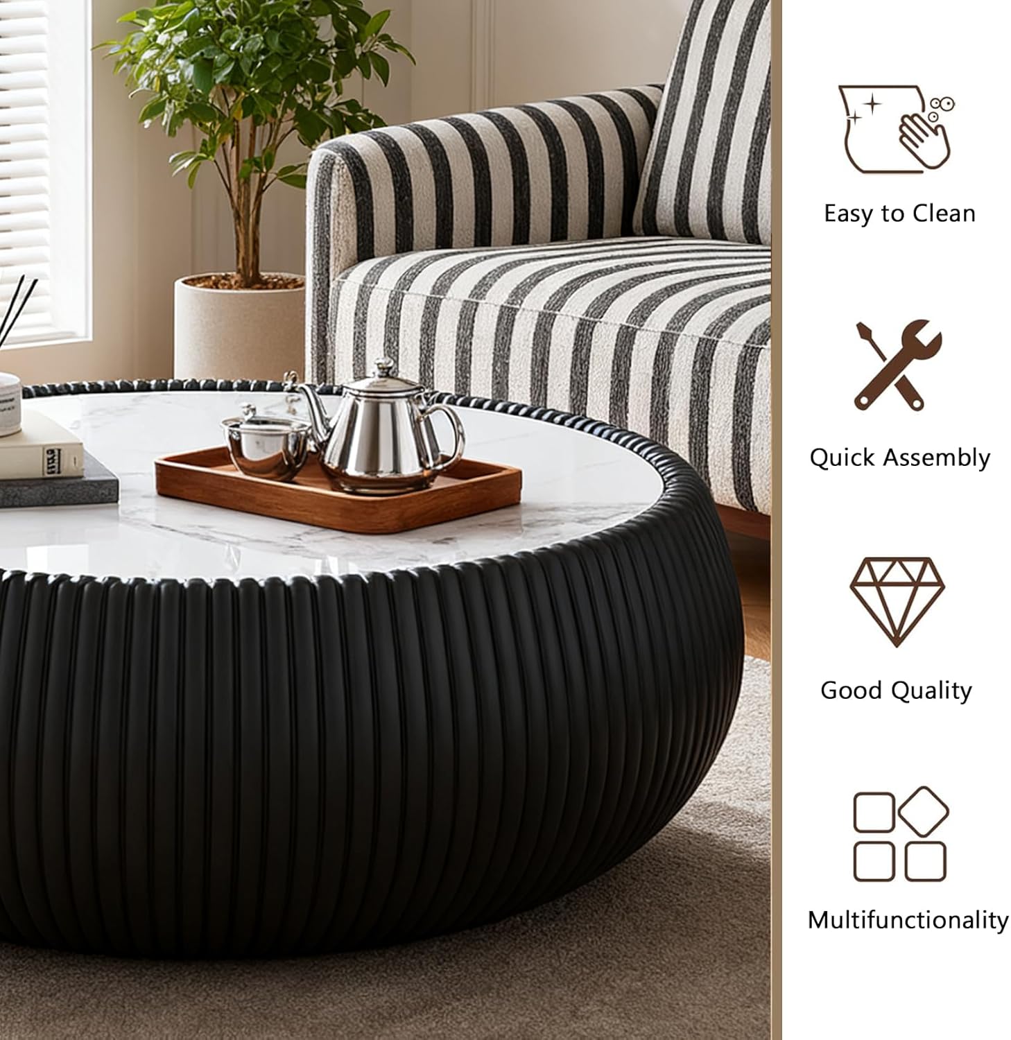 Modern Round Coffee Table, Fluted Coffee Table with White Sintered Stone Tabletop & Black PU Leather Covered Pedestal, 27.5" Small Round Marble Center Table for Living Room,Fully Assembled