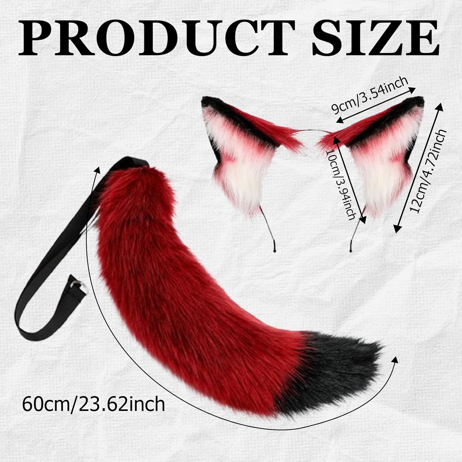 2 Pcs Wolf Fox Ears and Tail Set Furry Therian Tail and Ear, Cat Ear Wolf Tail Cosplay Costume Wolf Ear Headband and Tail Set for Halloween Christmas Women Men Red - Image 3