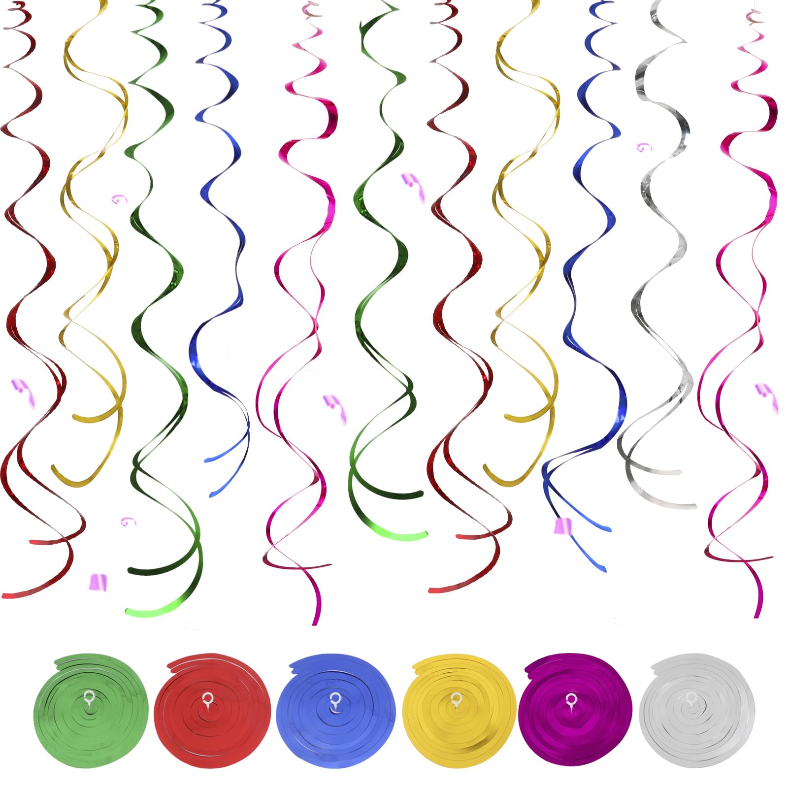 Photo 1 of Colorful Ceiling Swirl Foil Decorations 30 Pcs- Hanging Swirls/Streamers Party Decorations in 6 Colors for Weddings, Birthdays, Graduations, Christmas - Easy to Assemble, Indoor & Outdoor Use
