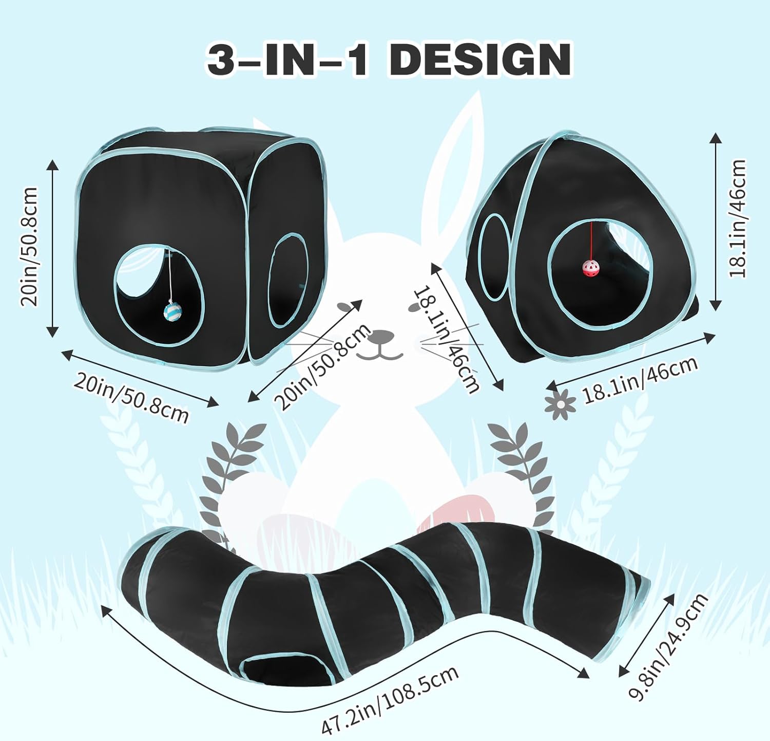 BWOGUE Bunny Tunnels & Tubes Collapsible Rabbit Hideout Tube and Foldable Cubes Playground Small Animal Activity Hideaway for Dwarf Rabbits Bunny Guinea Pigs Kitty (Blue Black)
