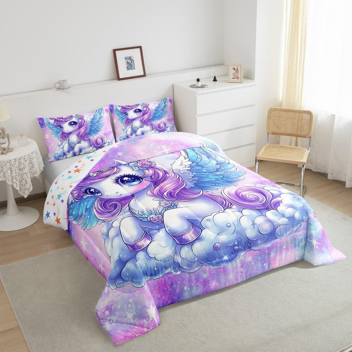 Manfei Unicorn Girls Twin Size Comforter Sets for Kids Teens,Purple Unicorn Flowers Bedding Sets Youth Women Bedroom Decor,Glitter Print Galaxy Sky 2 Pieces Quilt Set,Dreamy Unicorn Wing Duvet Insert