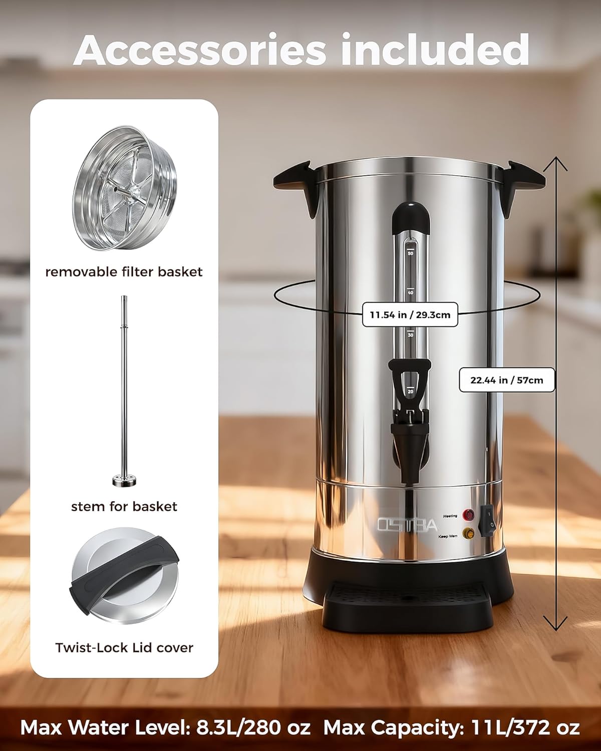 OSTBA 950W Commercial Coffee Urn 50 Cup / 8.3L 304 Stainless Steel Percolator Coffee Pot, Double-Wall Hot Water Dispenser Electric Coffee Maker Fast Brewing for Home, Office, Catering & Small Events - Image 8