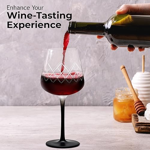 Miniatura 5 de MIAMIO Copas de vino de cristal premium, juego de 4 con tallo largo negro Colección Crystaluna (vino tinto)